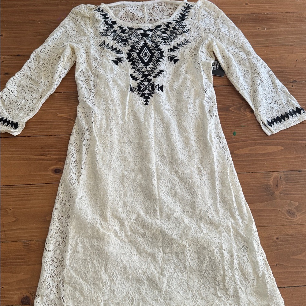 White Lace Embroidered Shift Dress with Black Detail